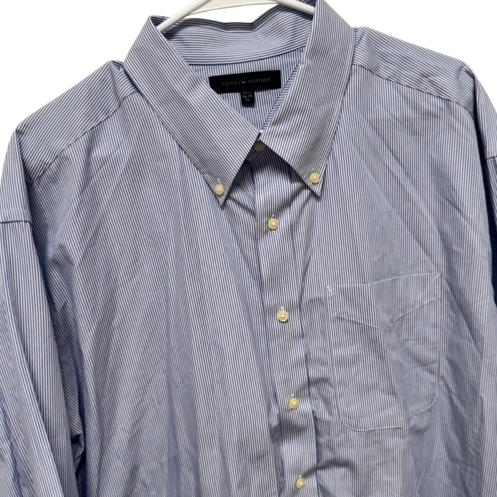 Tommy Hilfiger Mens XL Blue White Striped Button Down Shirt 17.5 34-35 Cotton